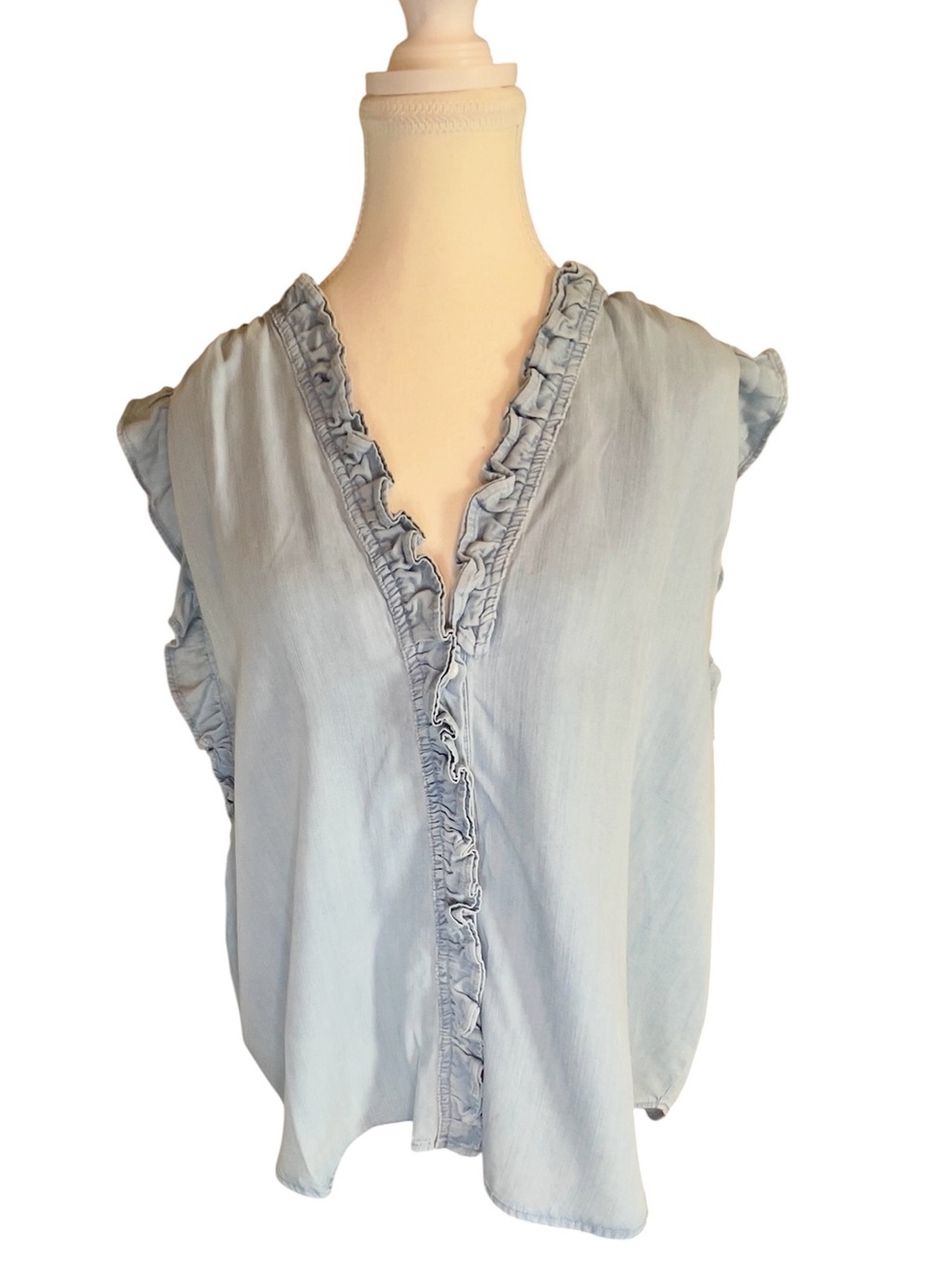 NWT Dear John Pale Blue Ruffle Trim V-Neck sleeveless top. Size L